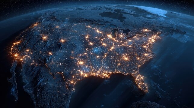Nighttime satellite view of the United States highlighting illuminated cities and urban areas across the country.