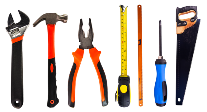 Set of hand various work tools on transparent background. Top view.