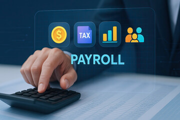 Payroll concept with hand pressing calculator button and icons for money, tax, chart, and people, representing financial management and employee payment process