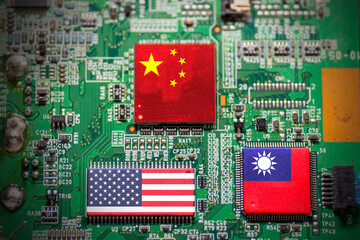 Taiwan, USA and China flags on microchips.