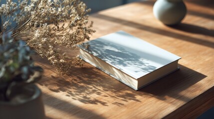 Aesthetic Mockup of a Blank Book on a Wooden Table Surrounded by Natural Elements and Soft Light