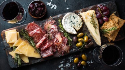 Exquisite Charcuterie Board Featuring Cheese, Cured Meats, Grapes, Olives, and Crackers in Top View Arrangement