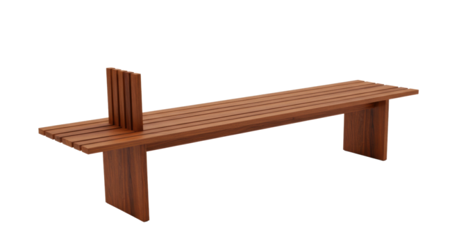 A long, contemporary wooden bench with a slatted seat, unique vertical and sturdy rectangular legs, crafted from reddish-brown wood, isolated on a white background with commercial lighting, modern
