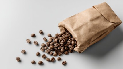 Brown Paper Bag with Spilled Coffee Beans on White Background for Branding and Mockup Designs