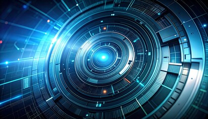 Abstract technological blueprint presents a futuristic concept with a glowing center point of light.
