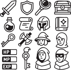 An assortment of illustrated fantasy RPG game icons, including a sword, shield, potion, scroll, key, axe, and characters, against a white background.