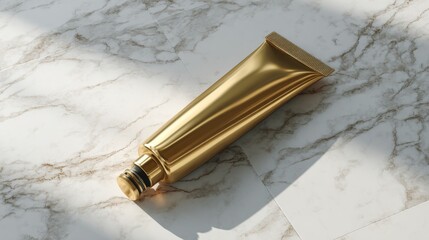 Luxury Gold Cosmetic Tube Mockup on Elegant Marble Surface for Natural Style Products Presentation