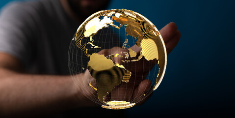 Hand holding a golden digital globe, representing global network and connection.