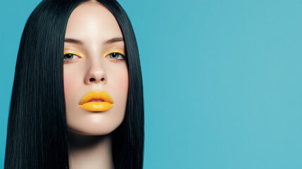 beautiful young woman with straight black hair, elegant makeup in yellow tones around the eyes, glossy yellow lips, soft blue background