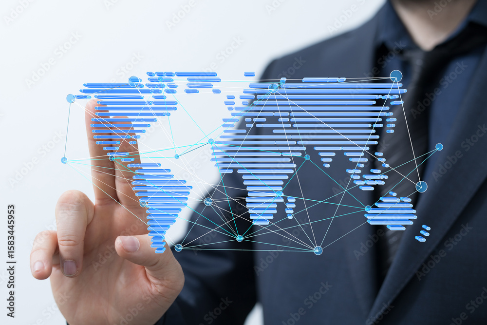 Poster man interacts with a digital world map, illustrating global connectivity and networking.