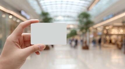 Hand Holding Blank Credit Card Mockup in Shopping Mall Environment with Unfocused Background