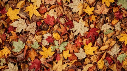 Detailed overhead shot of colorful dried leaves in autumn tones—yellow, green, orange, purple, and red—from a variety of trees arranged chaotically.
