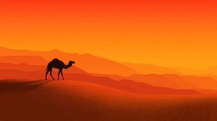 Majestic Desert Sunset with Silhouette of Camel Against Vibrant Orange and Red Sky