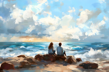a painting of two people sitting on a rock on the beach