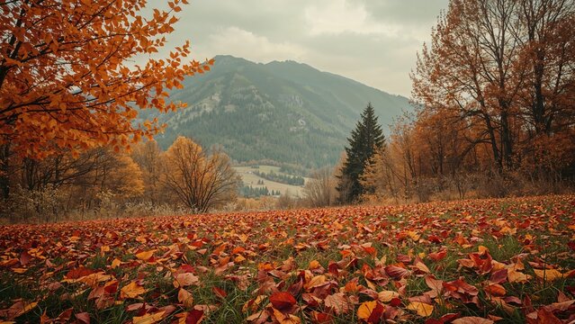 Autumnal leaves set against rolling landscape