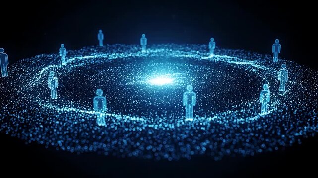 Digital representation of diverse individuals forming a circle around a glowing core, symbolizing unity