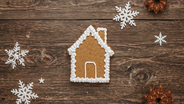 Festive gingerbread house cookie made at home displayed on wooden backdrop - Powered by Adobe