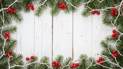 Holiday wreath featuring pine branches, white sticks, and red berry clusters set against a weathered white wooden table. Seasonal background with copy space, bird's eye view, flat layout.