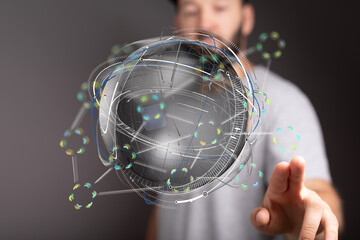 Interactive 3D globe showing network connections and data flow. Futuristic technology concept.