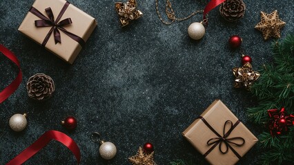 Holiday ornaments and presents arranged on a surface