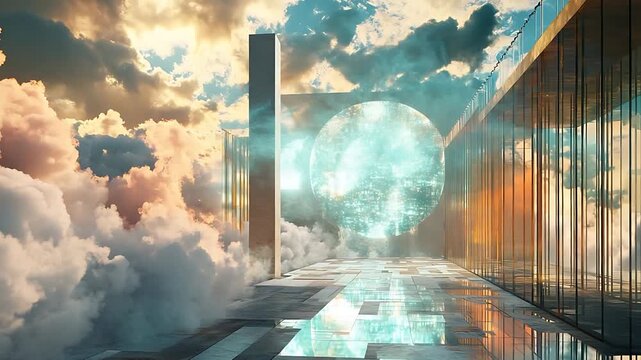 Ethereal futuristic landscape with a glowing circular portal amidst clouds and reflective surfaces