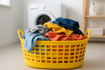 Bright Yellow Laundry Basket Overflowing with Colorful Clothes
