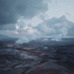 Fototapeta premium A rugged volcanic terrain showcasing active steam vents and desolation.