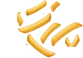 Multiple golden-brown french fries with salt crystals, suspended mid-air against a pristine transparent studio background with ample negative space, ultra photorealistic high-key lighting, product