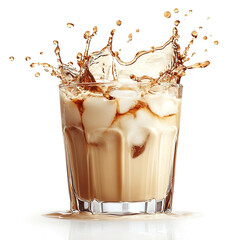 White Russian vodka drink splash in a glass, studio shot, isolated on a white transparent background.