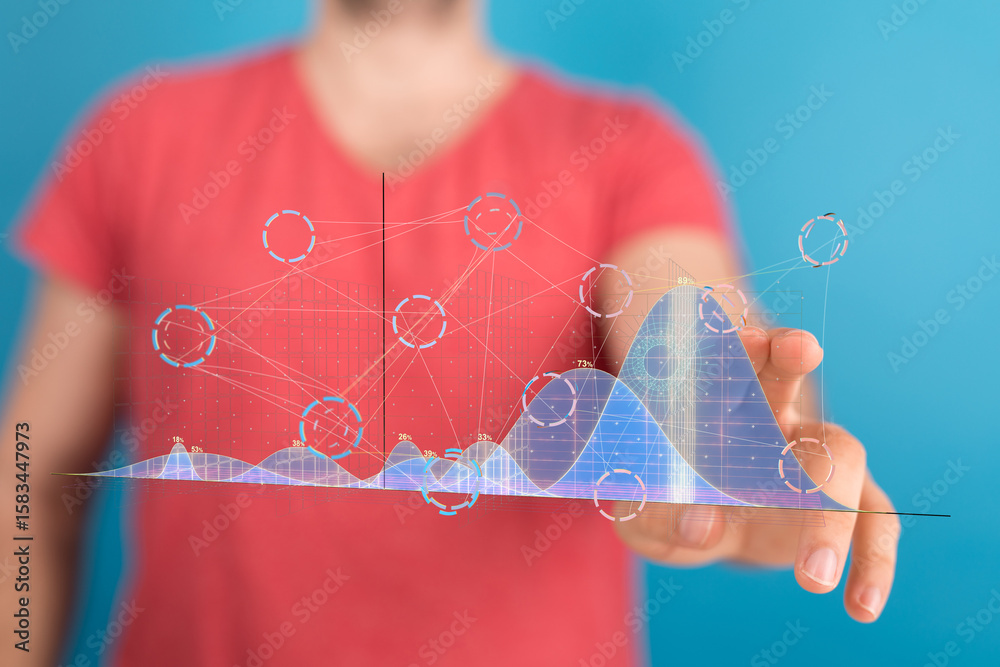 Poster a man interacts with a holographic graph showcasing data analysis and insights.