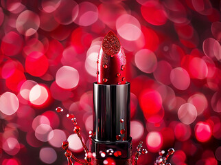 Women's red lipstick with water droplets on a red background with highlights and bokeh