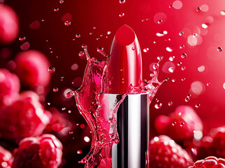 Women's red lipstick with water droplets on a red background with highlights and bokeh