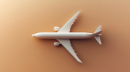 A white airplane is on a tan background. The airplane is positioned in the middle of the image