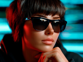Close-up of stylish woman in dark sunglasses with futuristic short haircut and red-blue neon light in cyberpunk atmosphere