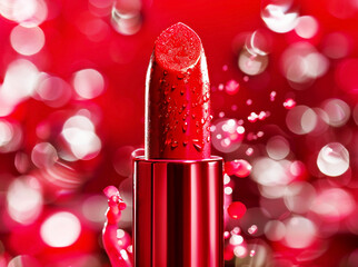 Women's red lipstick with water droplets on a red background with highlights and bokeh