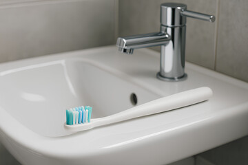 Fototapeta premium Toothbrush Resting on White Ceramic Sink in Clean Bathroom