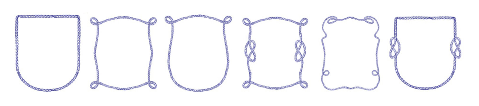 Rope frame, hand drawn knot doodle border set, marine string decoration background, cord shape. Sailor nautical twisted poster print, lasso vintage decor illustration. Isolated nautical rope frame