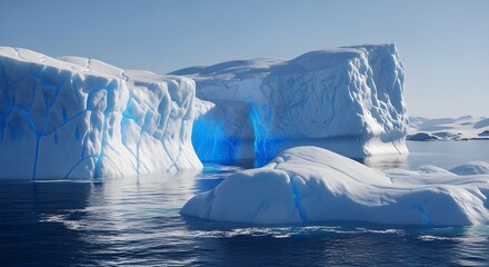 A massive iceberg with blue and white hues floats in a calm polar sea under clear skies, showcasing cracks, crevices, and icy textures illuminated by bright sunlight