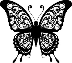 A mesmerizing butterfly silhouette adorned with swirling, abstract, and floral-inspired patterns on its wings, creating a captivating and highly artistic design perfect for unique decorations