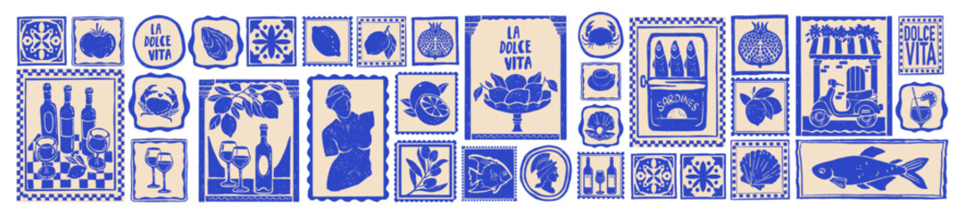 Naklejka na ściany i meble Italian summer poster set, vector hand drawn Mediterranean travel sticker Amalfi coast print stamp. Italy vintage postcard collection wine glass and bottle silhouette. Italian summer food illustration