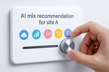 Fototapeta premium AI mix recommendation for site with hand adjusting control knob on white panel showing cloud, graph, function, shopping cart, and circuit icons