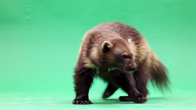 Wolverine (Gulo gulo) Standing Alert on Green Screen Background, Wild Carnivore in Studio Setting