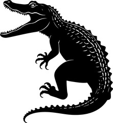 A fearsome alligator silhouette with wide-open jaws and sharp teeth, captured in a dynamic, illustrative style perfect for bold designs and wildlife themes.