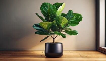 a modern fiddle leaf fig plant with glossy green leaves sitting in a sleek matte black planter on a wooden floor