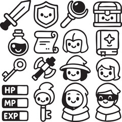 A charming collection of black and white line art icons depicting various fantasy role-playing game elements, including adorable characters, weapons, and magical items.
