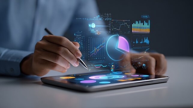 Business professional interacting with futuristic holographic financial data displays