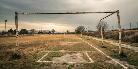 Overgrown Rural Soccer Field, Rustic Wooden Goalposts, Moody Sunset Sky