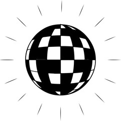 Dynamic black and white checkered disco ball with radiating light, perfect for party invitations, retro themes, and music event designs, symbolizing celebration and fun.