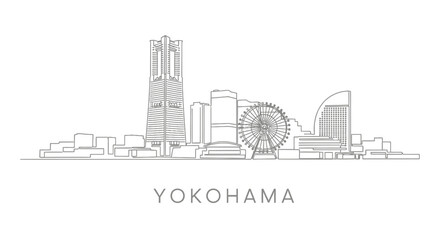 Naklejka premium Yokohama Skyline Line Art with Japan Cityscape.