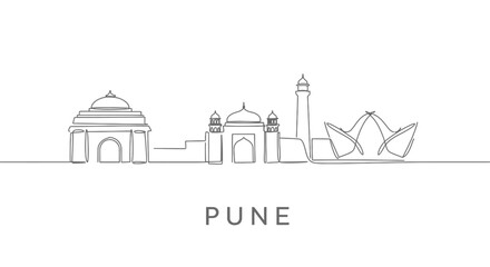 Pune Skyline Line Art with India, Minimalist, and White.